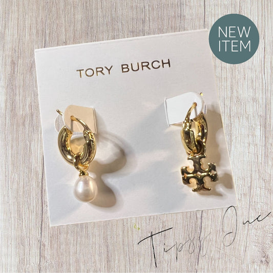 Tory Burch Kira Mismatched Gold Logo and Pearl Earrings