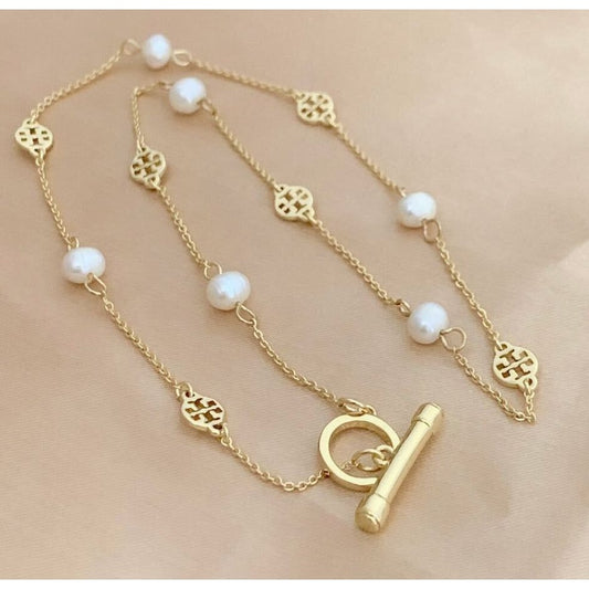 Tory Burch Gold Chain Necklace With Pearls & Logo Charms For Women