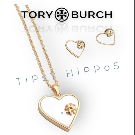 Tory Burch Mother of Pearl Heart Earrings & Necklace