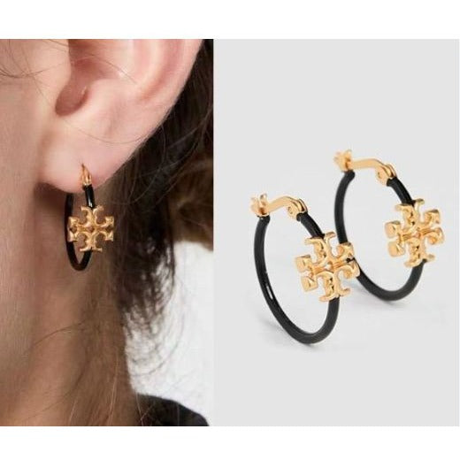 Tory Burch Black and Gold Eleanor Hoop Earrings