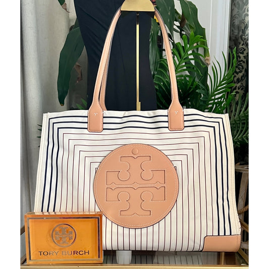 Tory Burch Black and Brown Striped Ella Shoulder Bag Tote