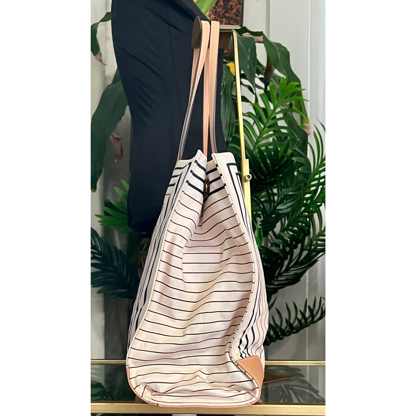 Tory Burch Black and Brown Striped Ella Shoulder Bag Tote