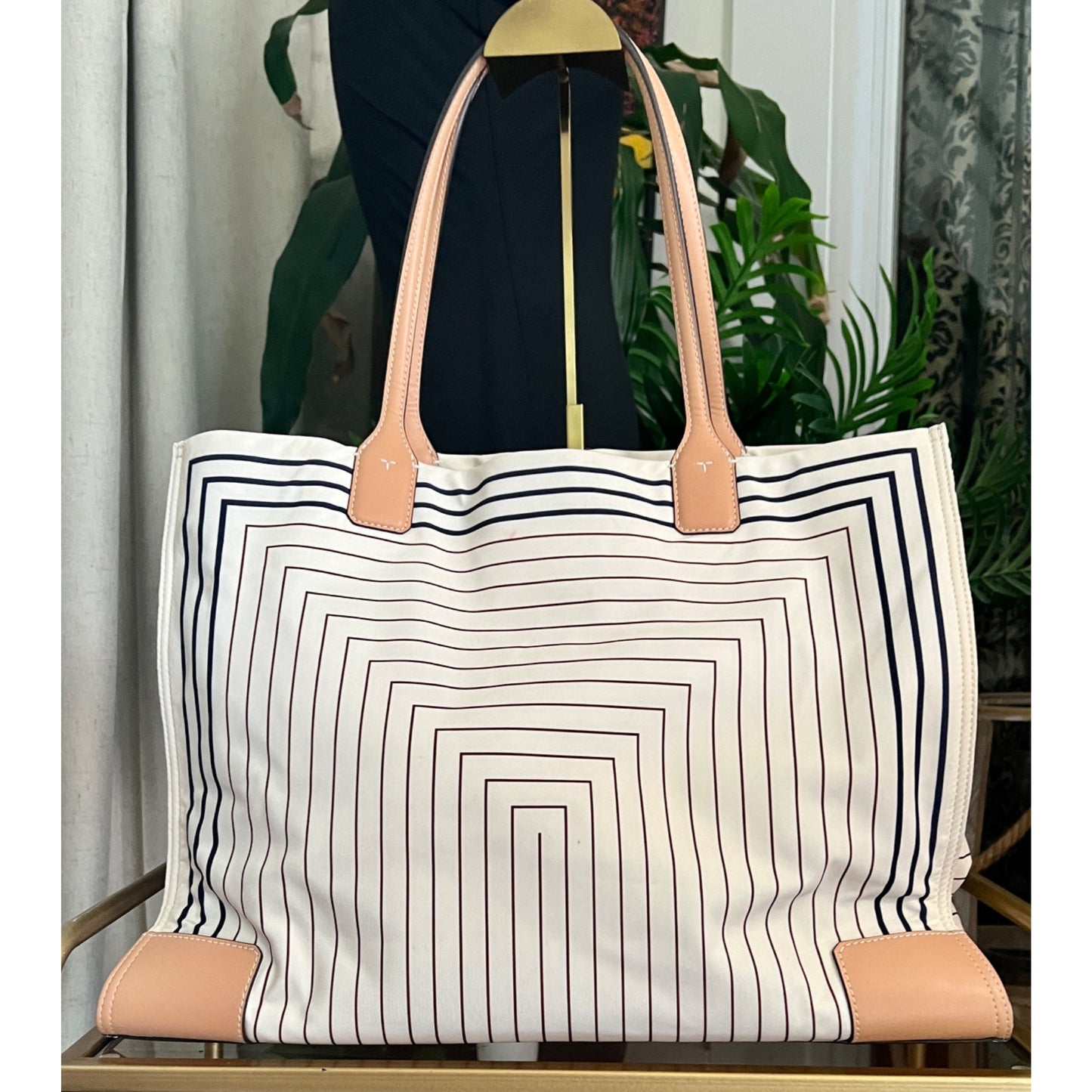 Tory Burch Black and Brown Striped Ella Shoulder Bag Tote