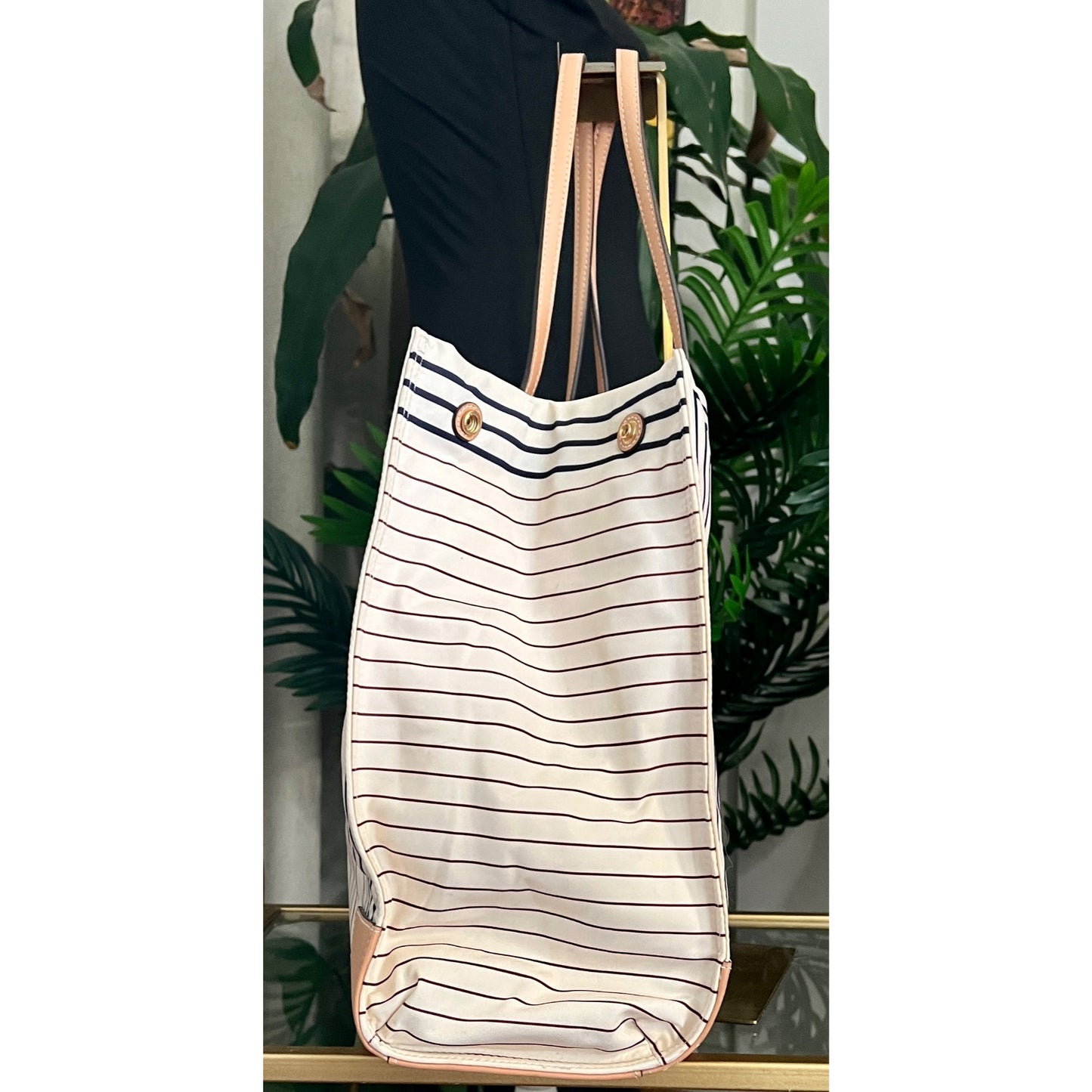 Tory Burch Black and Brown Striped Ella Shoulder Bag Tote