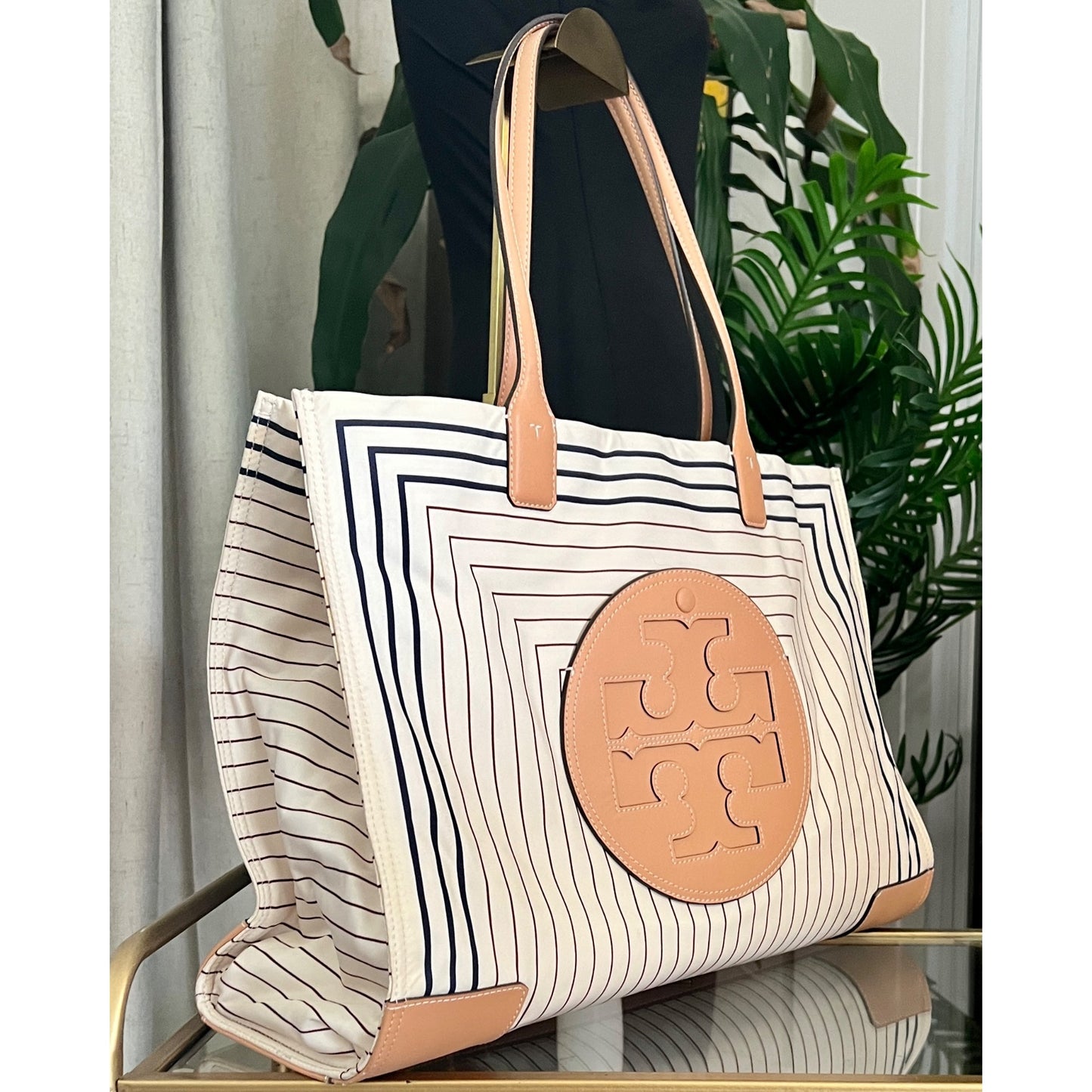 Tory Burch Black and Brown Striped Ella Shoulder Bag Tote