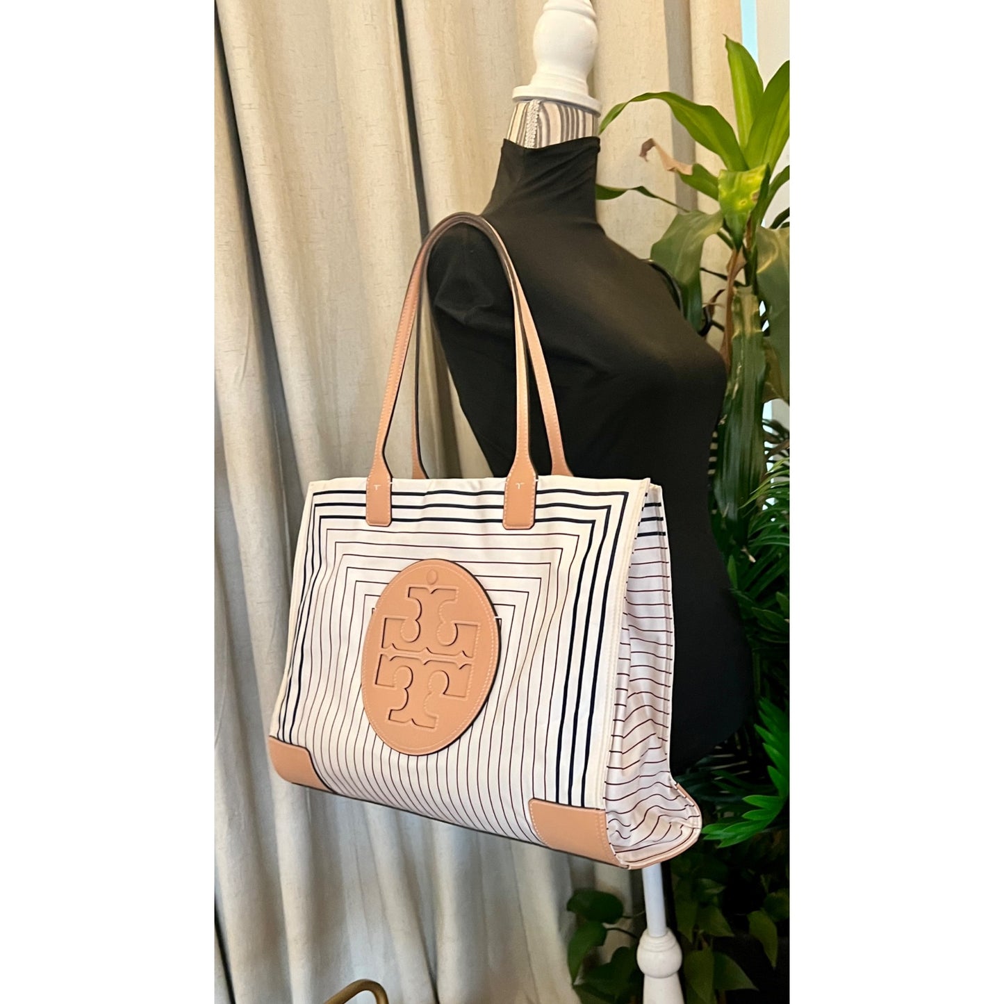 Tory Burch Black and Brown Striped Ella Shoulder Bag Tote