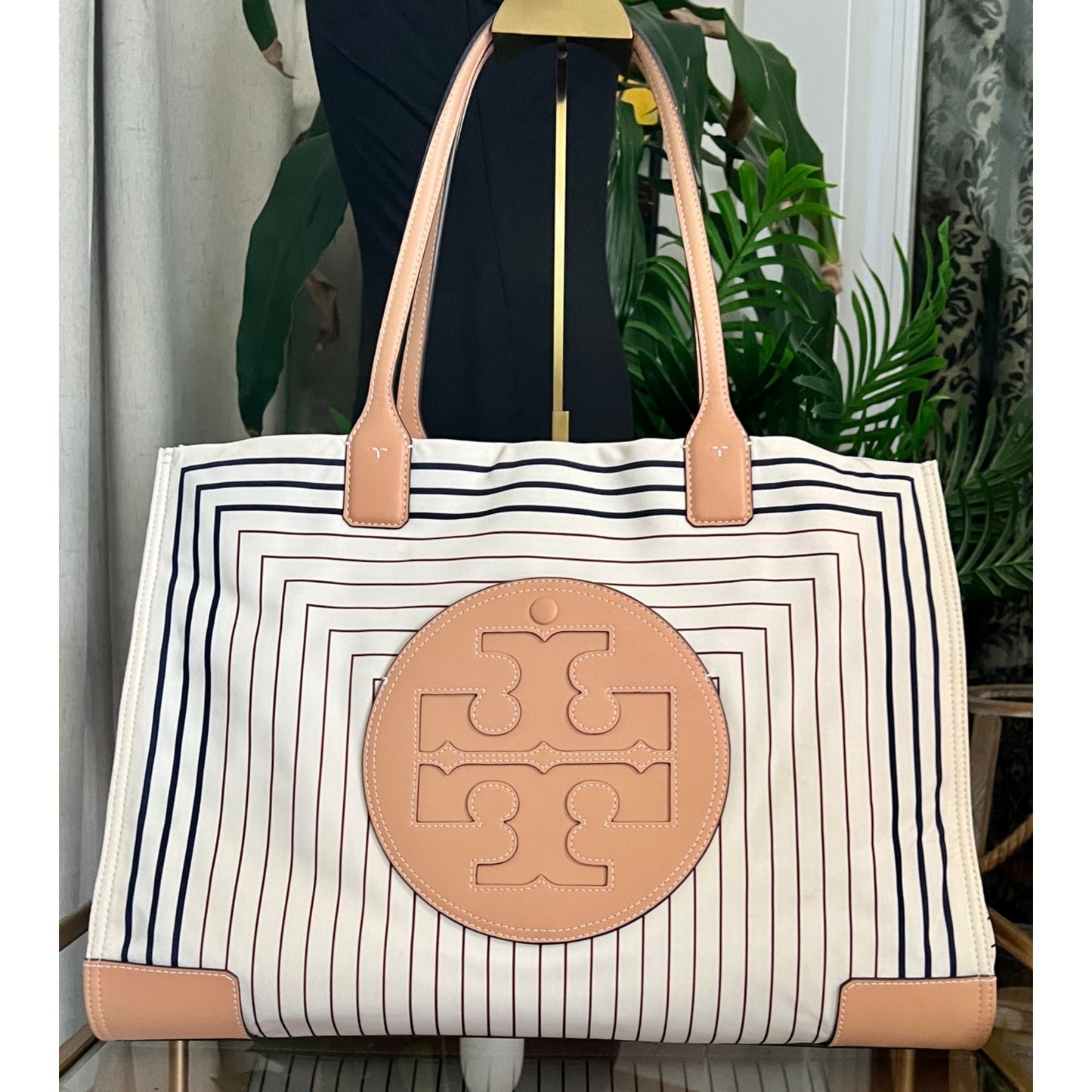 Tory Burch Black and Brown Striped Ella Shoulder Bag Tote