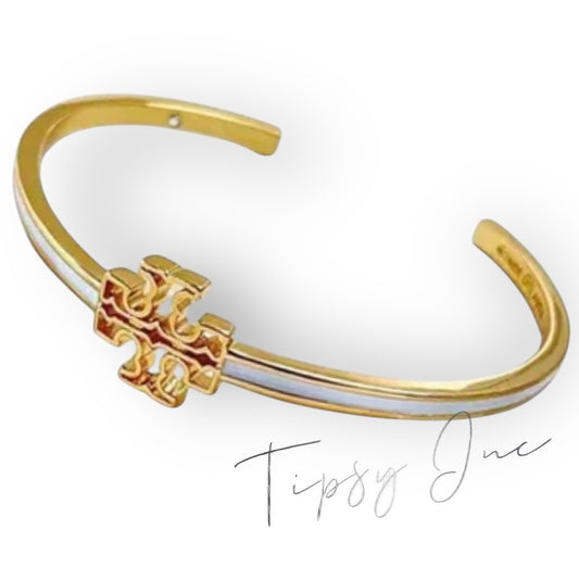 Tory Burch Gold & White Enamel Metal Cuff Bracelet