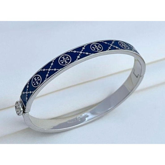 Tory Burch Hinged Bracelet With Blue Enamel & Silver-Tone Accents