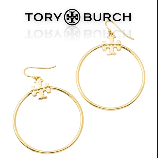 Tory Burch Gold Stacked T Logo Hoop Earrings