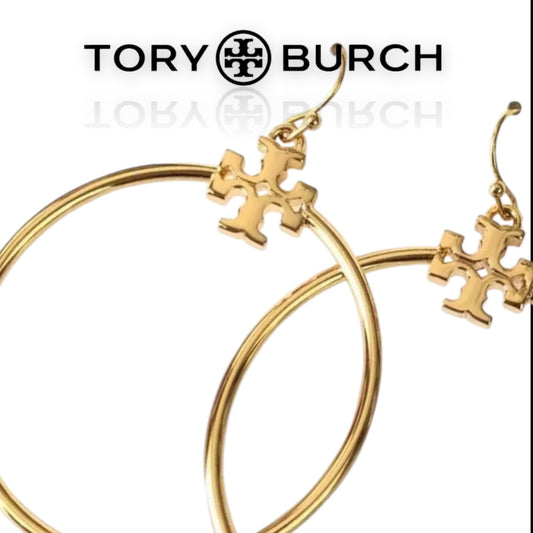 Tory Burch Gold Stacked T Logo Hoop Earrings