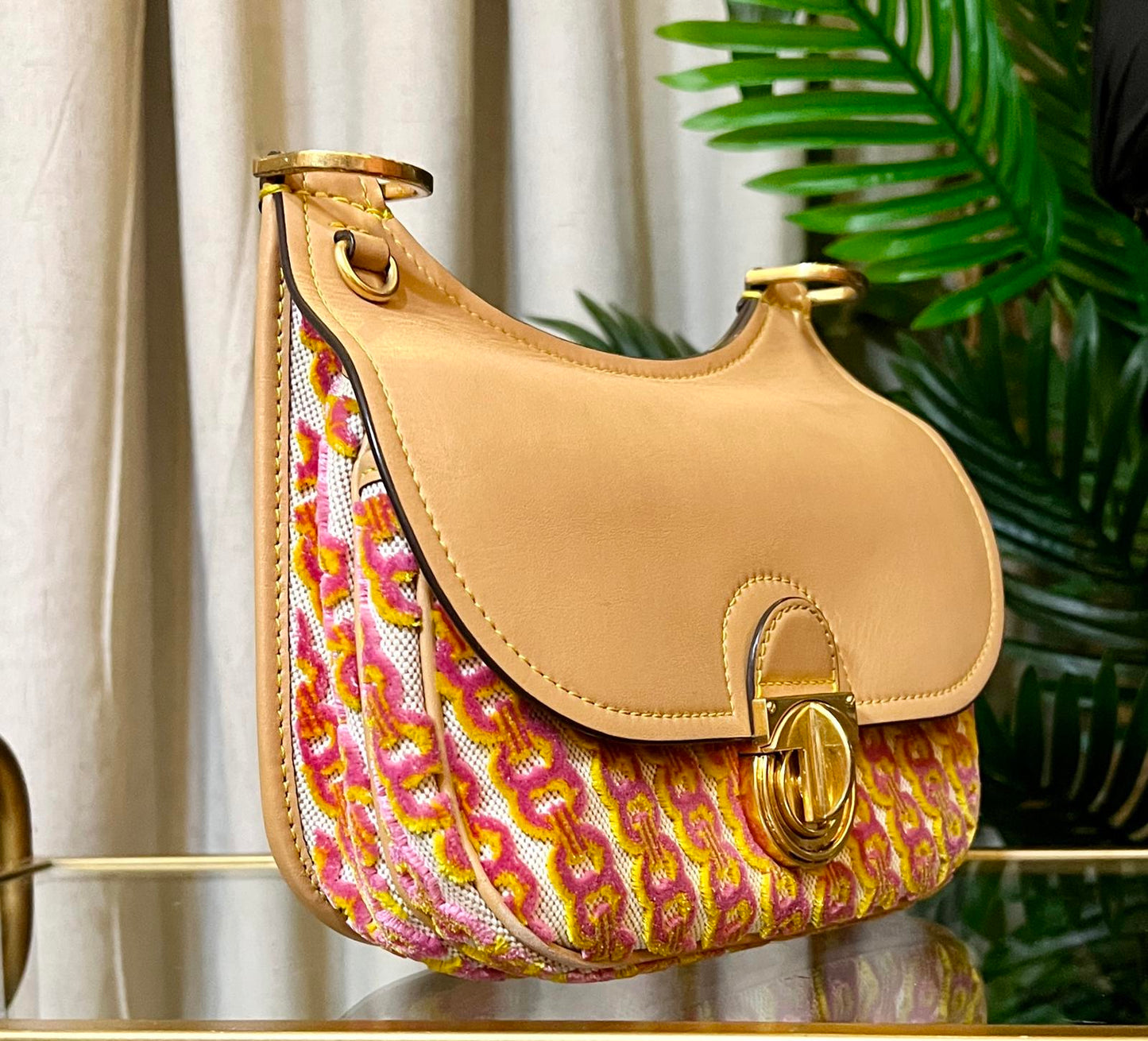AUTHENTIC TORY BURCH TAN AND PINK AND ORANGE JAMES HANDBAG