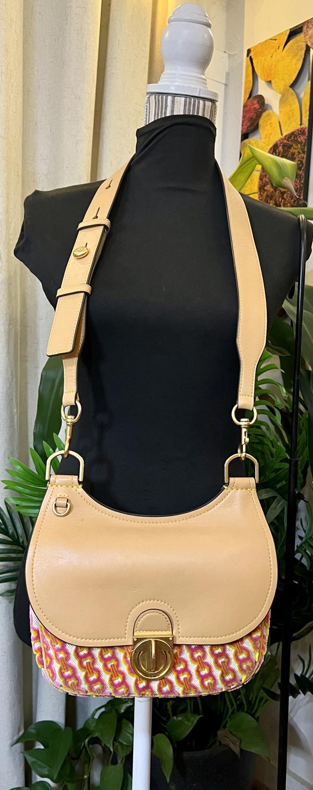 AUTHENTIC TORY BURCH TAN AND PINK AND ORANGE JAMES HANDBAG