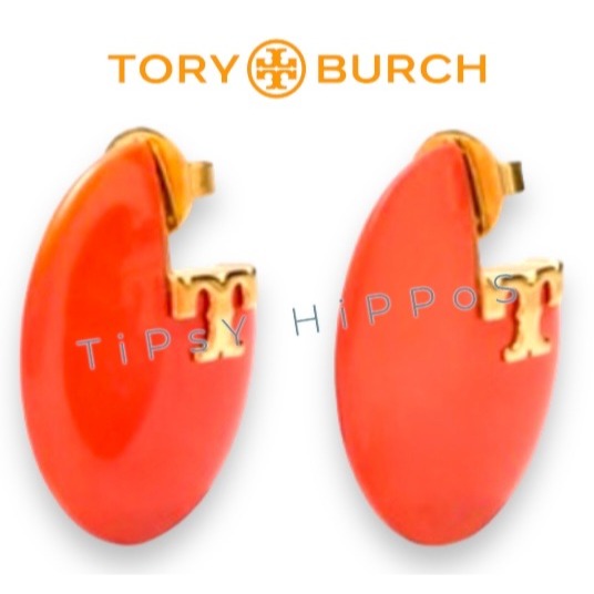 Tory Burch Orange Enamel Logo Stud Earrings