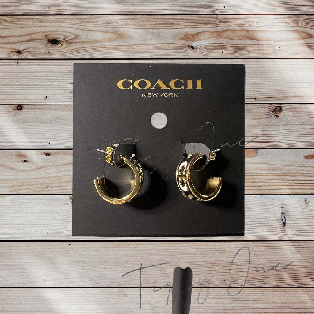 COACH Signature Black and Gold Enamel Huggie Earrings