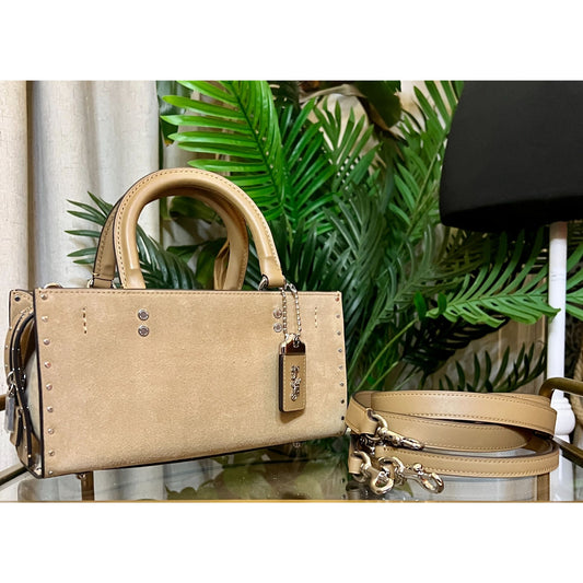 NEW!! Coach Rogue 26 Tan Suede Leather Handbag With Rivets & Removable Strap