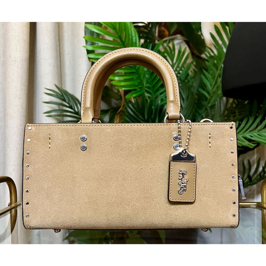 NEW!! Coach Rogue 26 Tan Suede Leather Handbag With Rivets & Removable Strap