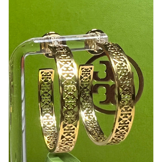 NWOT Tory Burch Gold-Tone Pierced Hoop Earrings With Intricate Cutout Design - Comes in Original Packaging