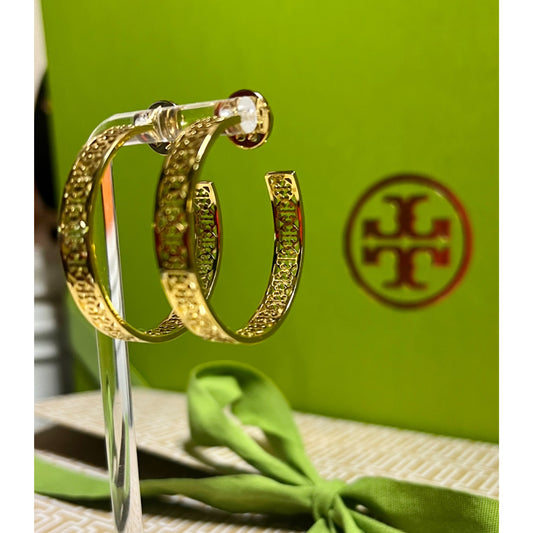 NWOT Tory Burch Gold-Tone Pierced Hoop Earrings With Intricate Cutout Design - Comes in Original Packaging