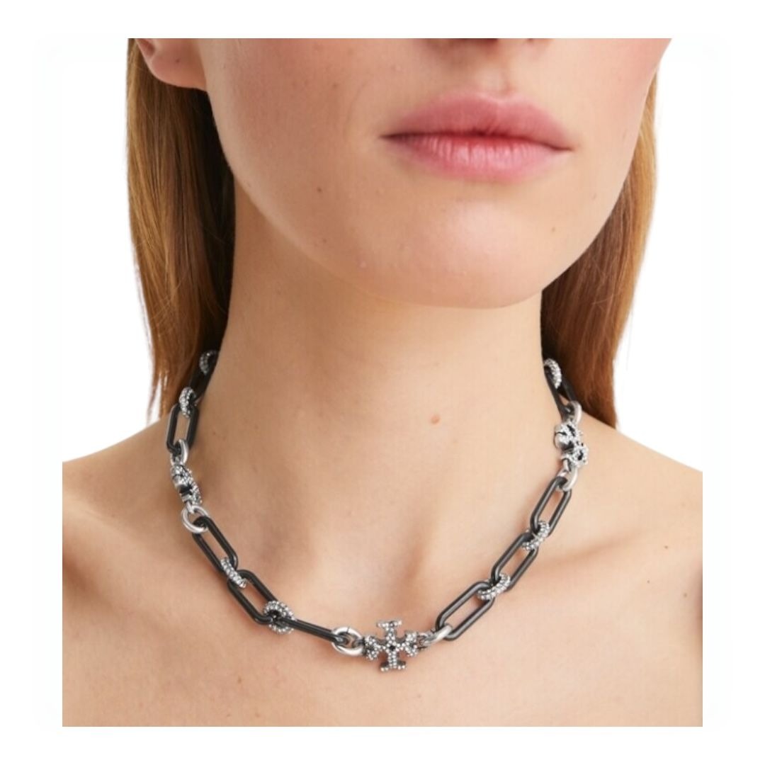 RARE!!  Tory Burch Black and Silver Pave Roxanne Necklace