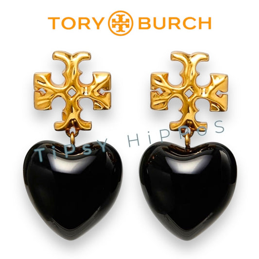 Tory Burch Black and Gold Roxanne Heart Drop Earrings