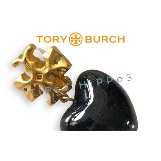 Tory Burch Black and Gold Roxanne Heart Drop Earrings