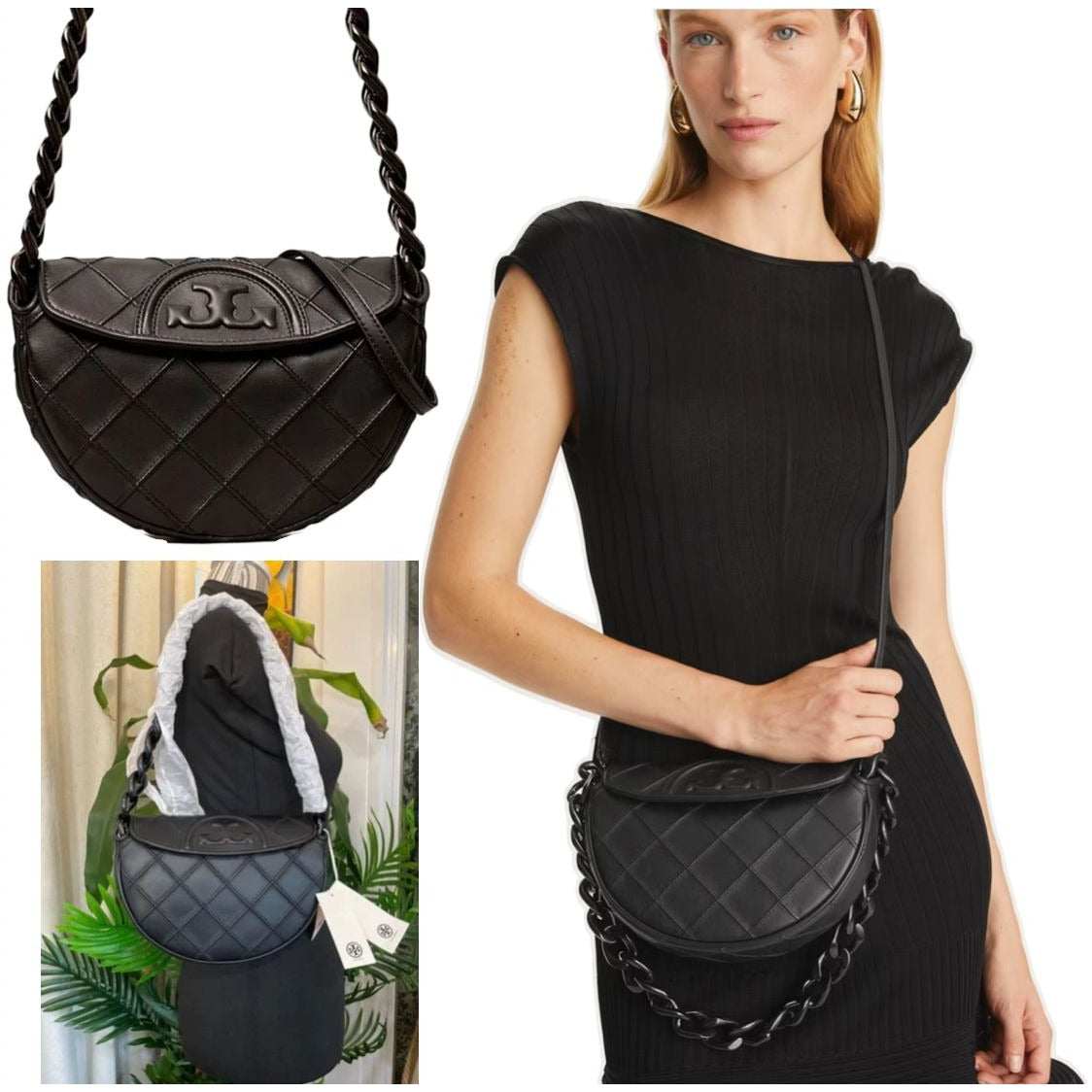 NEW!  Authentic Tory Burch Black Leather Cresent Fleming Handbag