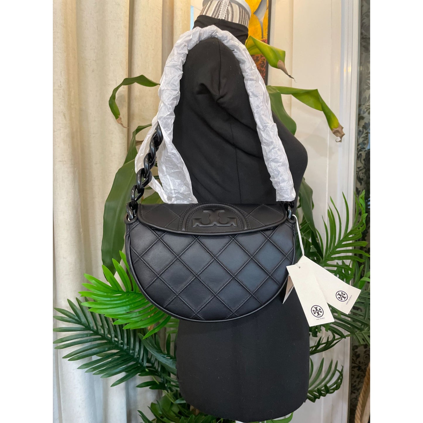 NEW!  Authentic Tory Burch Black Leather Cresent Fleming Handbag