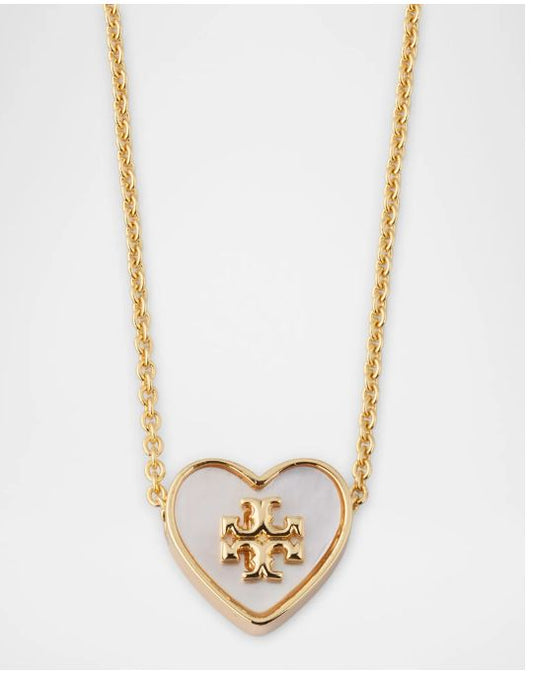 Tory Burch White and Gold Heart Logo Pendant Necklace