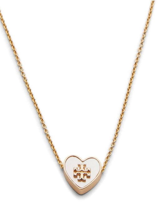 Tory Burch White and Gold Heart Logo Pendant Necklace