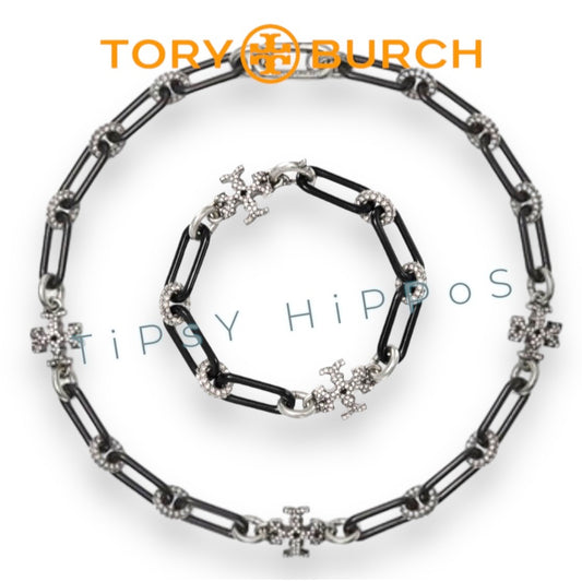 RARE!!  Tory Burch Roxanne Black and Silver Pave Necklace and Bracelet Set!