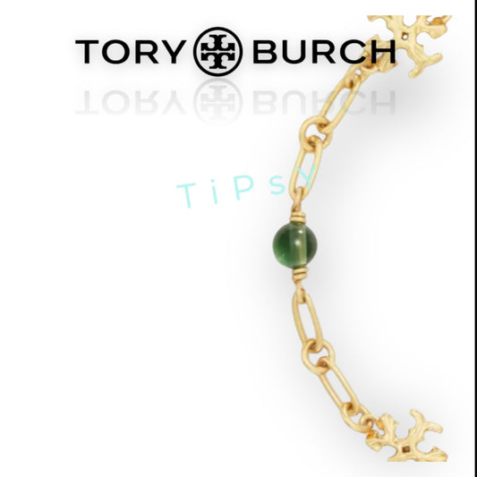 Tory Burch Roxanne Delicate Emerald Pearl and Gold Chainlink Bracelet