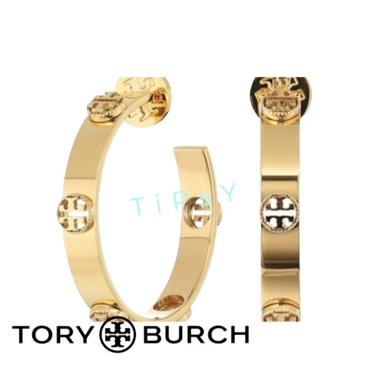 Tory Burch Gold Plated Hoop Earrings With Logo Studs