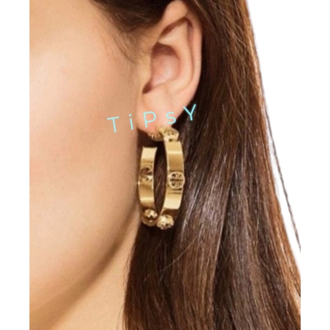 Tory Burch Gold Plated Hoop Earrings With Logo Studs