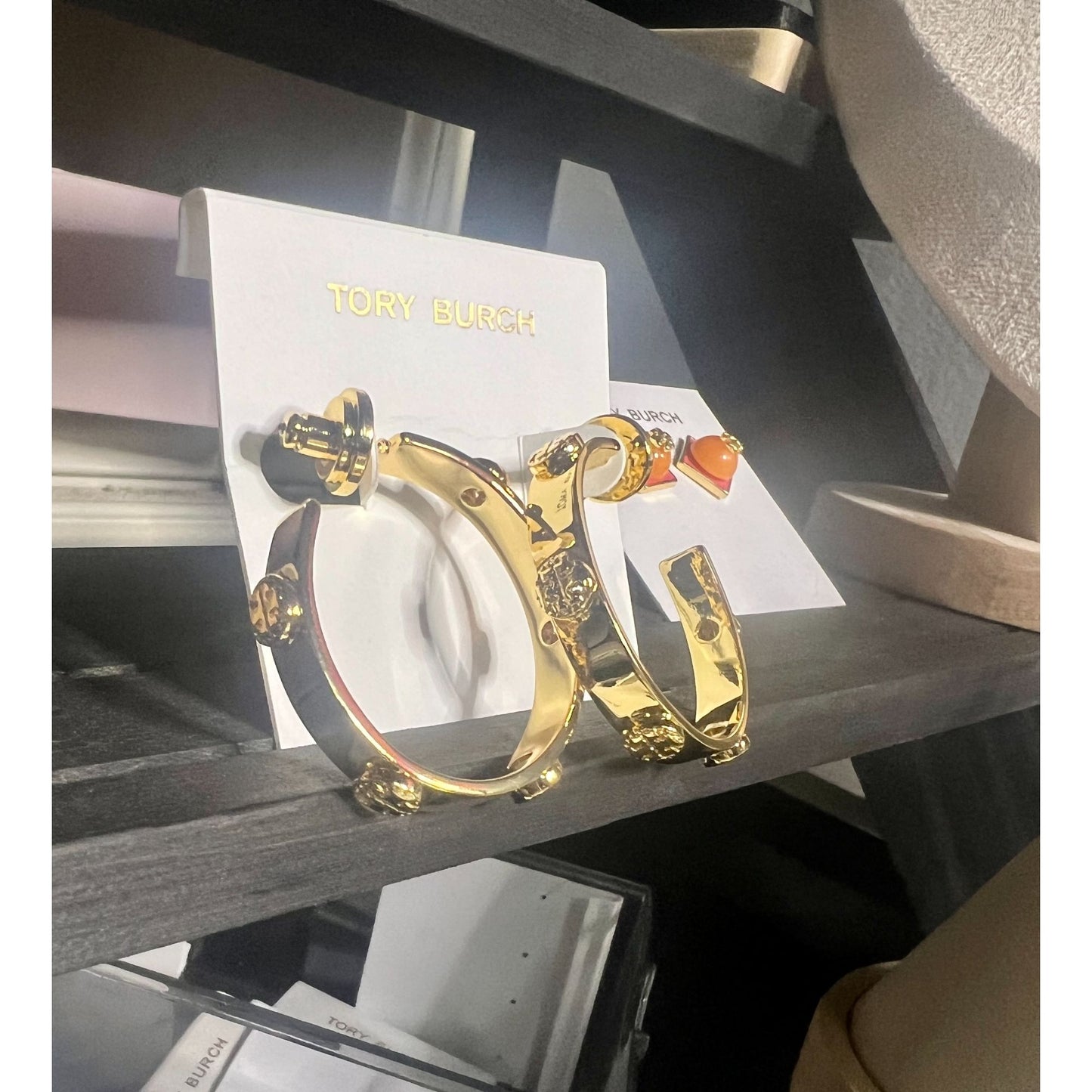 Tory Burch Gold Plated Hoop Earrings With Logo Studs