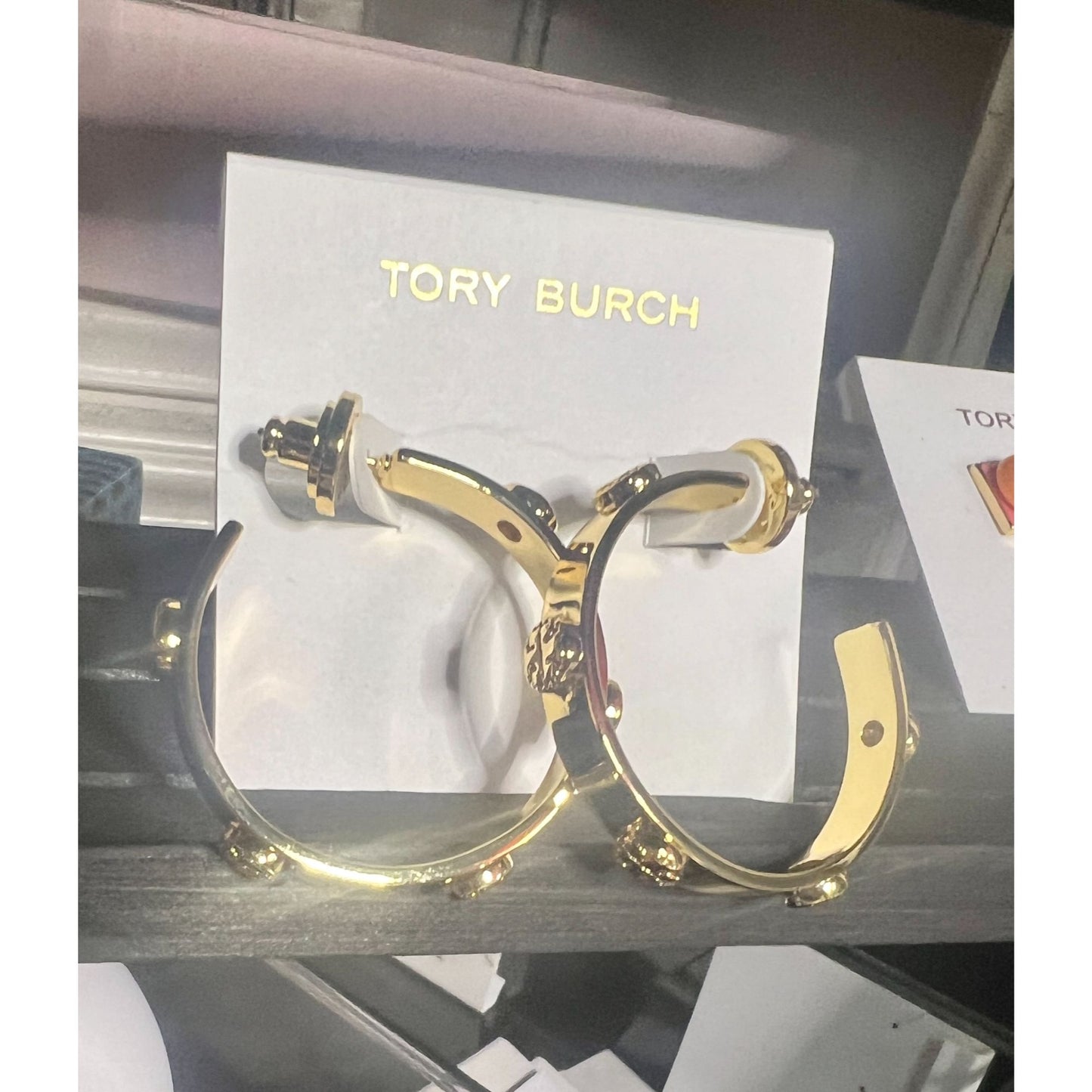 Tory Burch Gold Plated Hoop Earrings With Logo Studs