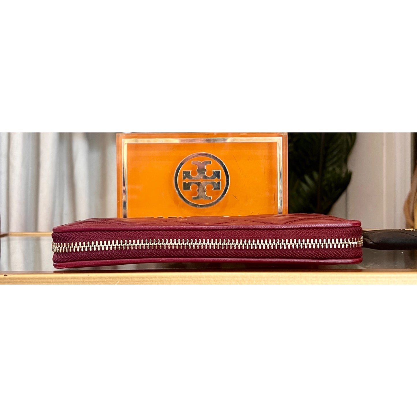 Authentic Tory Burch Maroon Quilted Leather Fleming Zippie Wallet