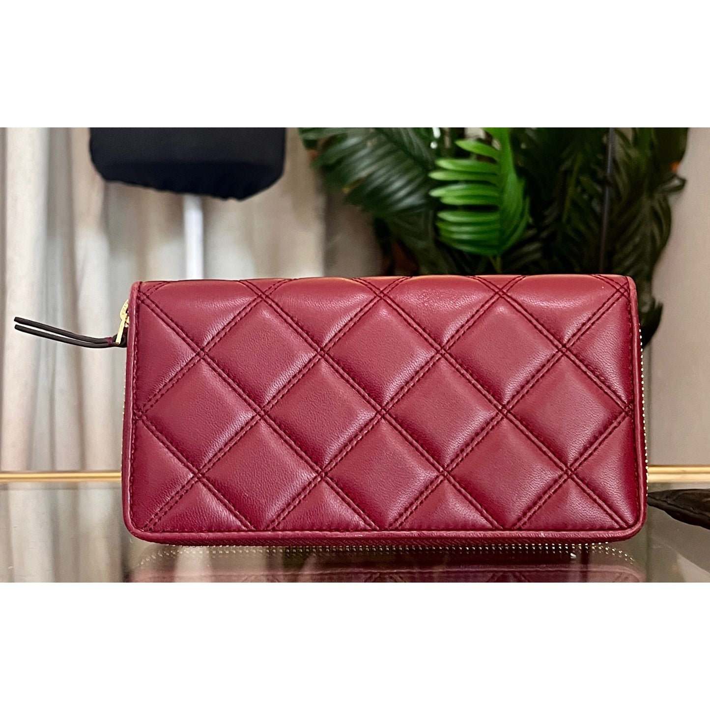 Authentic Tory Burch Maroon Quilted Leather Fleming Zippie Wallet