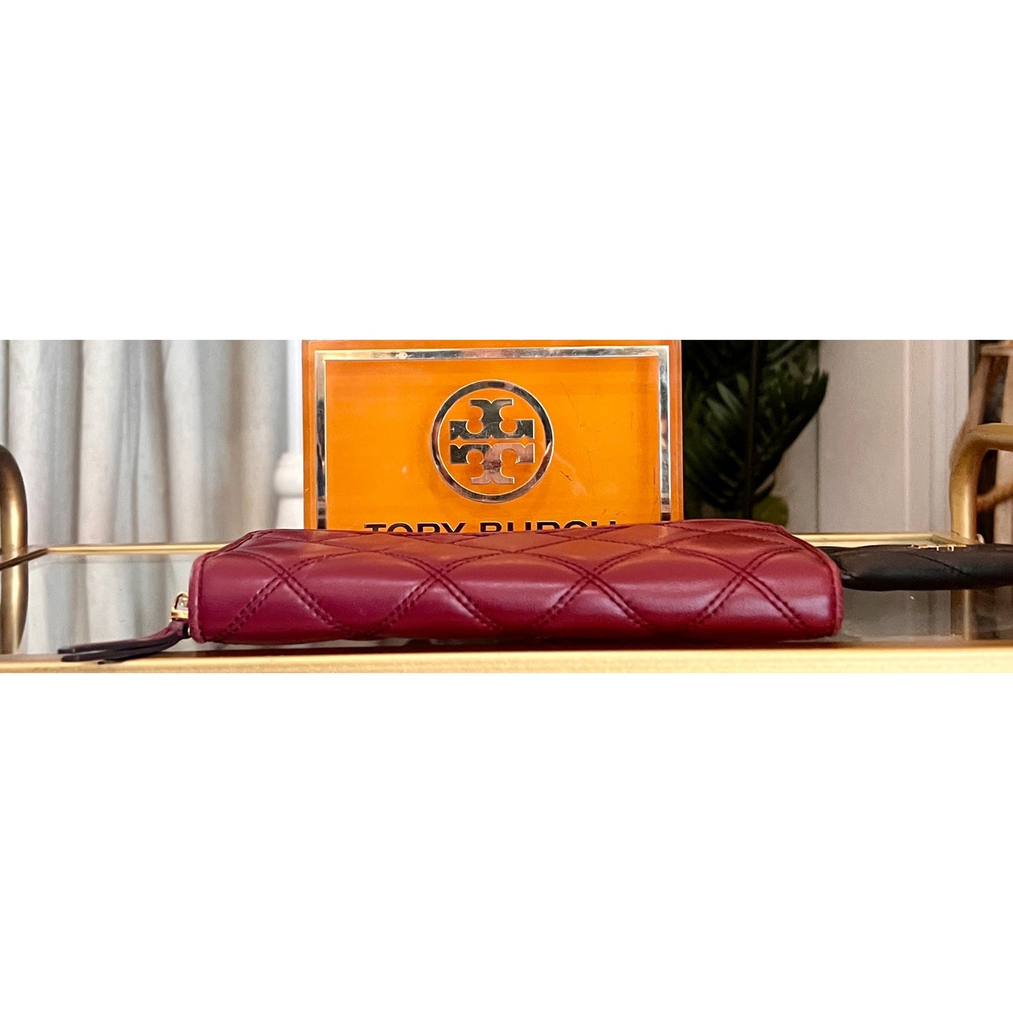 Authentic Tory Burch Maroon Quilted Leather Fleming Zippie Wallet
