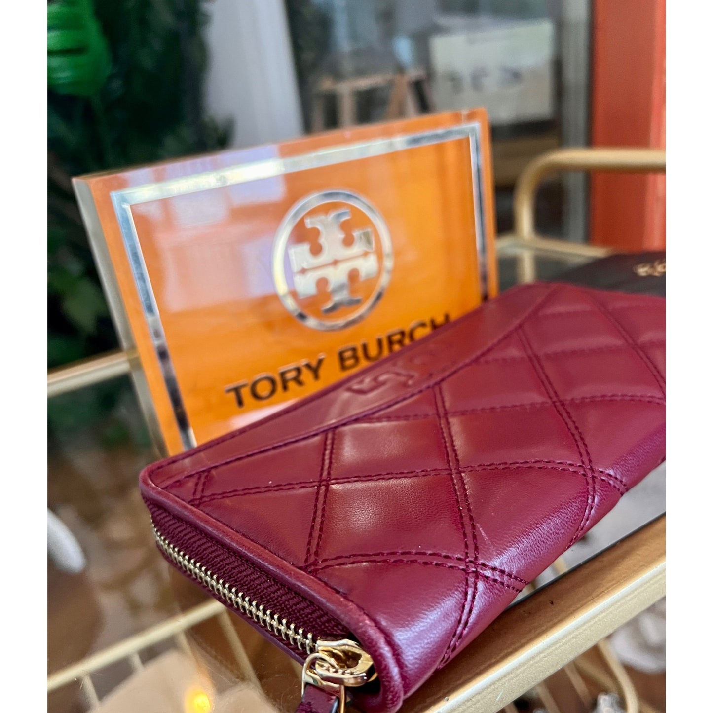 Authentic Tory Burch Maroon Quilted Leather Fleming Zippie Wallet