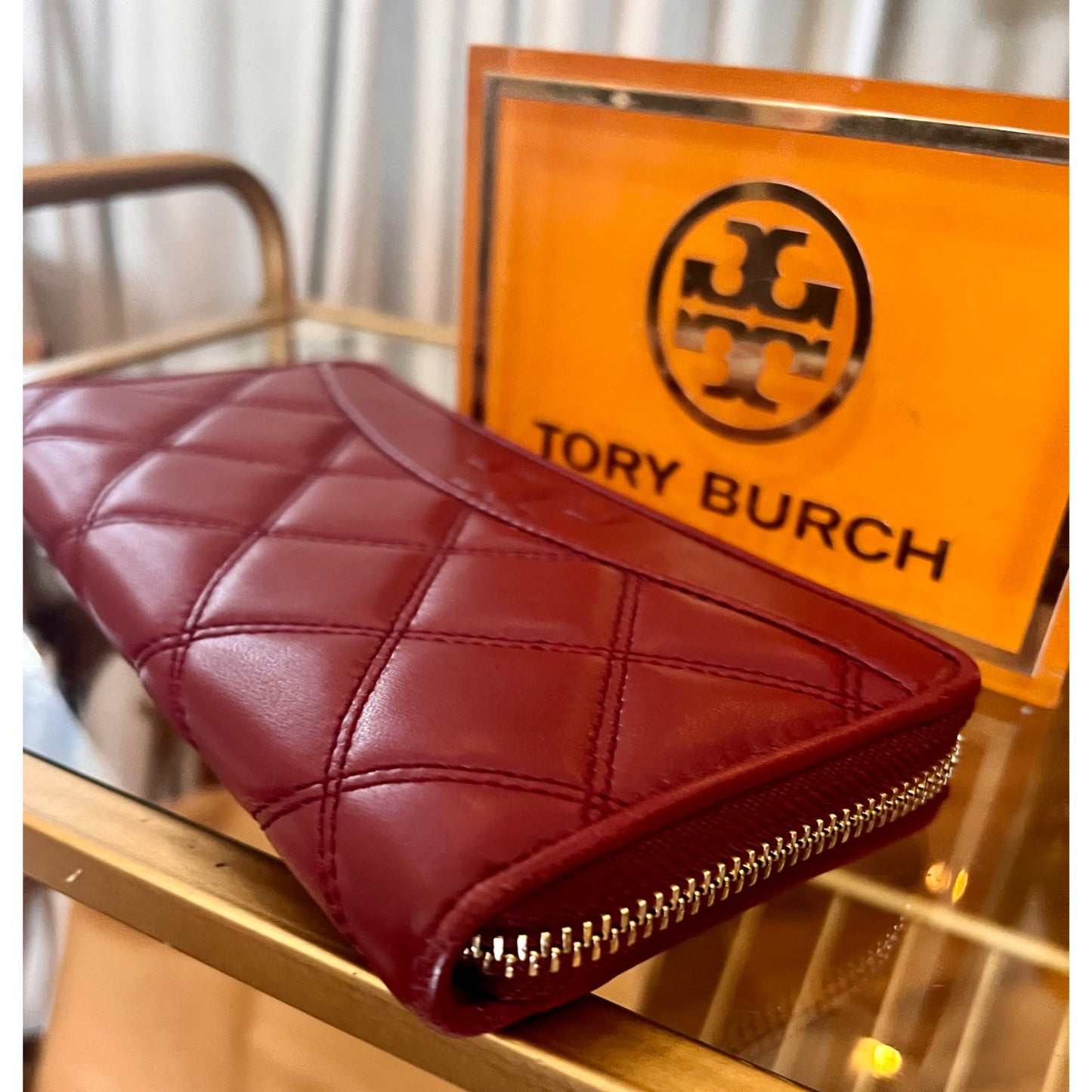Authentic Tory Burch Maroon Quilted Leather Fleming Zippie Wallet