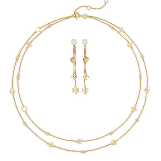 Beautiful Tory Burch Gold Layered Kira Linear Necklace and Earring Set