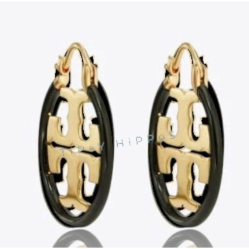 Tory Burch Black Enamel and Gold Miller Logo Hoop Earrings