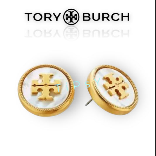 Tory Burch Mother of Pearl & Gold Stud Logo Earrings