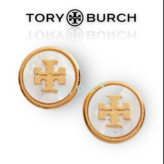 Tory Burch Mother of Pearl & Gold Stud Logo Earrings