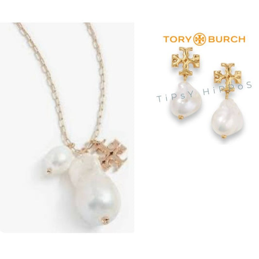 Tory Burch Kira Pearl and Gold Logo Drop Pendent Necklace & Earring Set