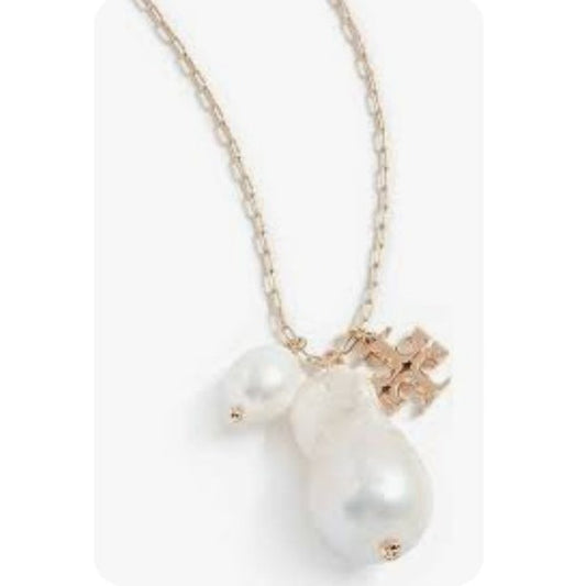 Tory Burch Kira Pearl and Gold Logo Drop Pendent Necklace & Earring Set