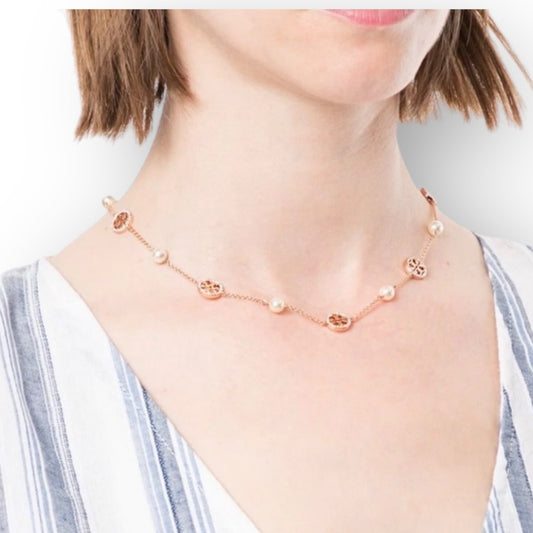 Beautiful Tory Burch Rose Gold and Pearl Pave Necklace