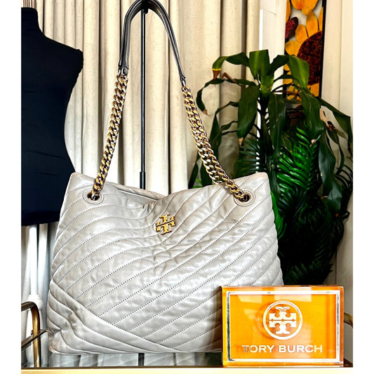AUTHENTIC TORY BURCH GREY QUILTED LEATHER LARGE KIRA SHOULDER BAG