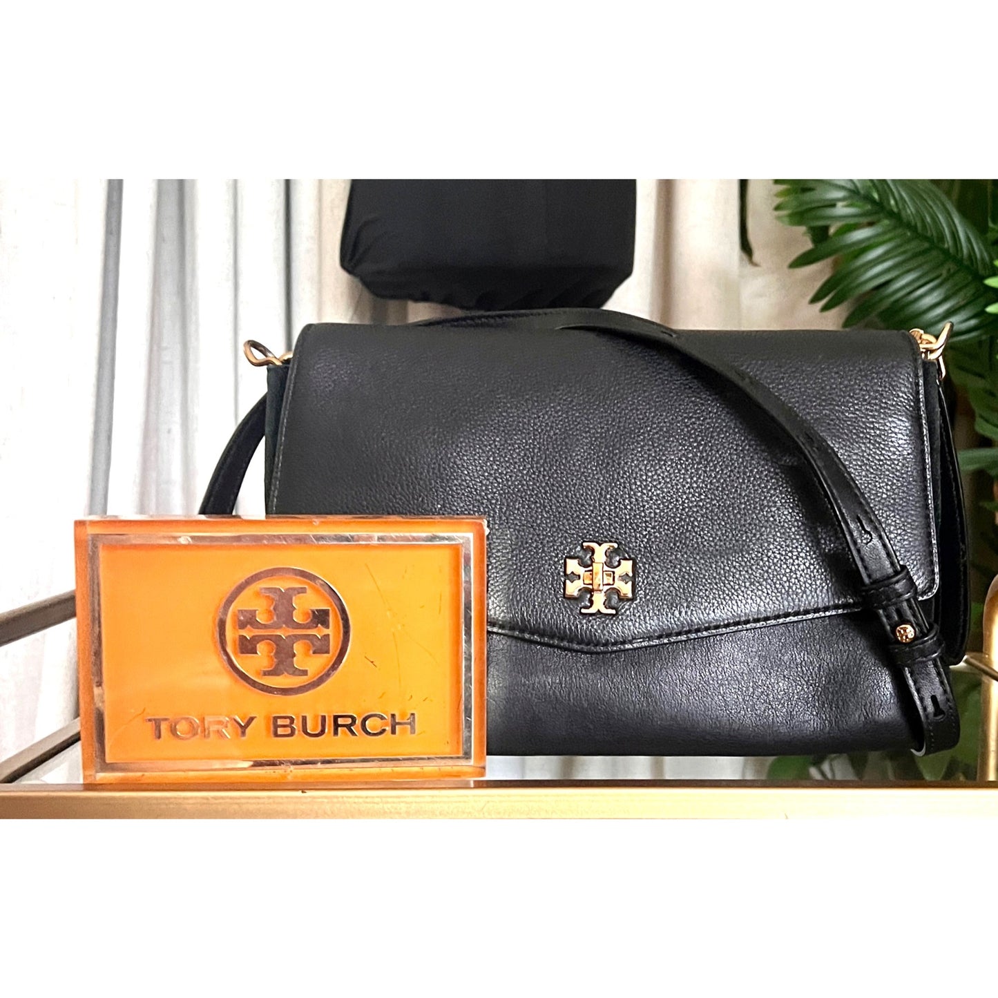 Tory Burch Black Leather and Suede Kira Handbag With Gold Logo Accents & Adjustable Strap